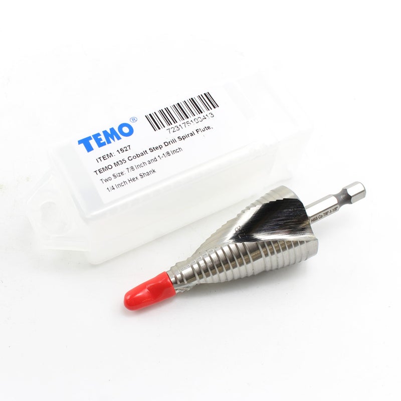 TEMO M35 Cobalt Step Drill Spiral Flute Unibit, Two Size: 7/8 Inch and 1-1/8 Inch, 1/4 Inch Hex Shank - Image 2